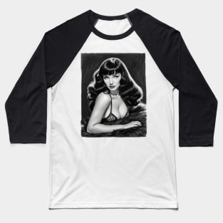 Bettie Page Black and White Portrait Baseball T-Shirt